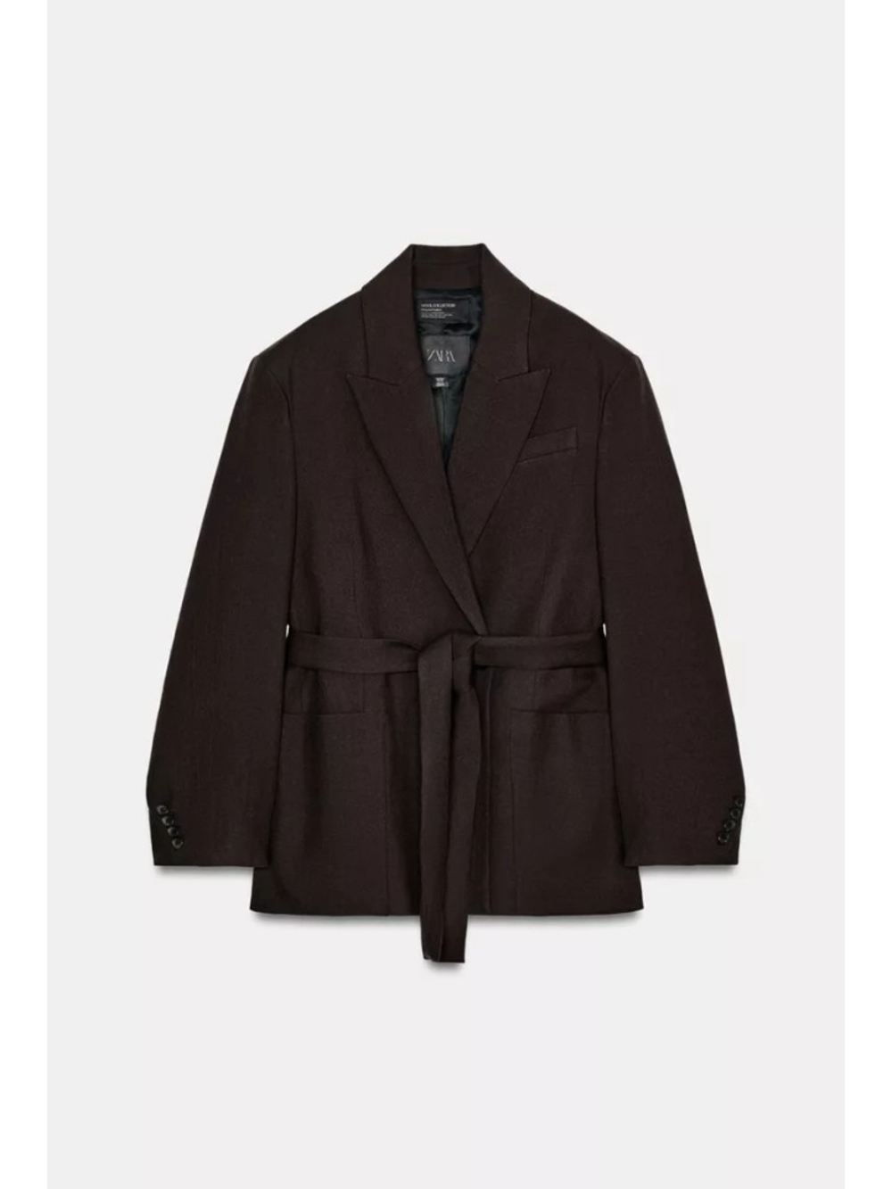 ZARA Zw Collec Limited Edition 100% Wool Dark Brown Belted Blazer Coat Sz-M